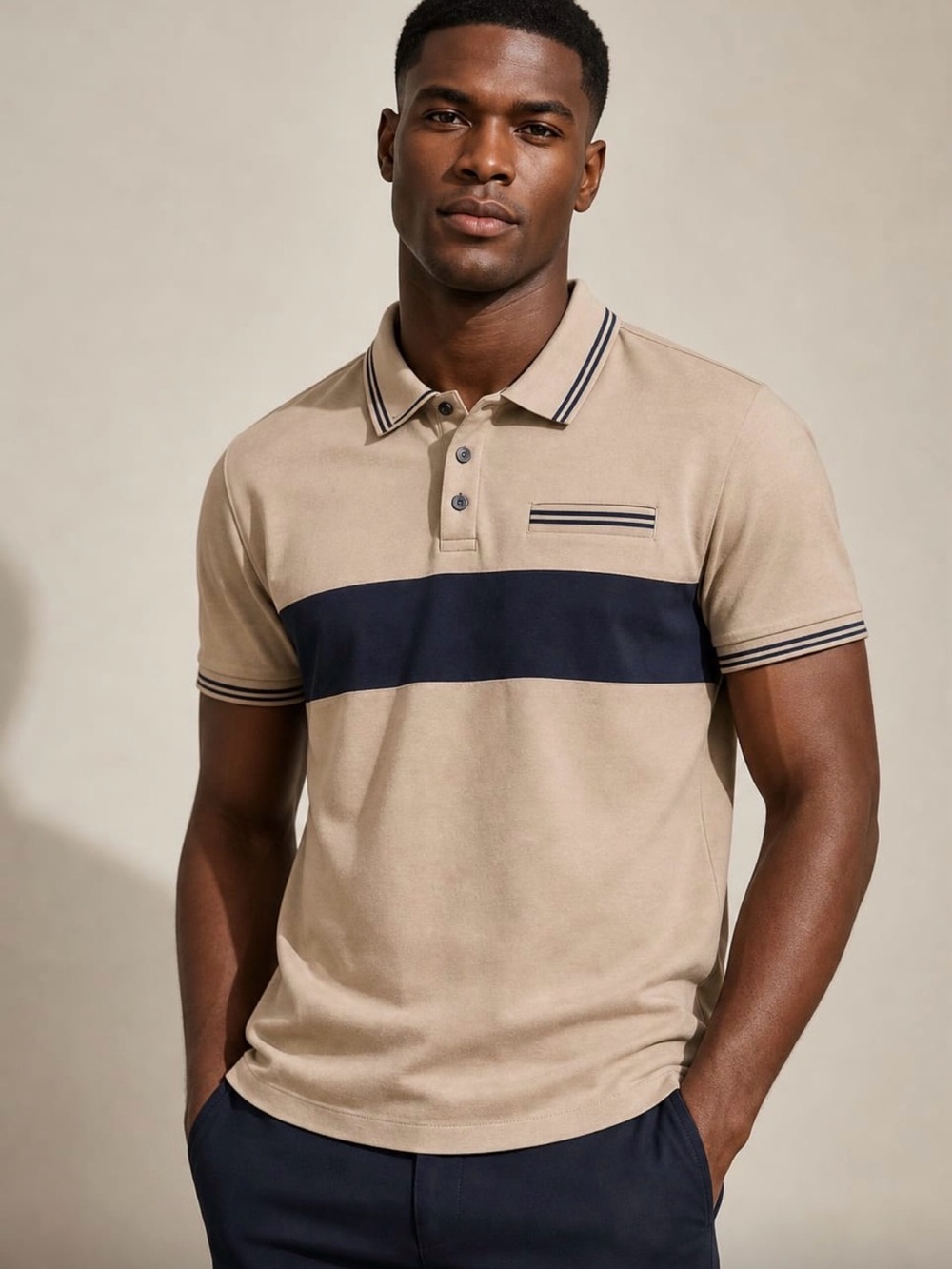 Men's Beige Polo with Navy Chest Band
